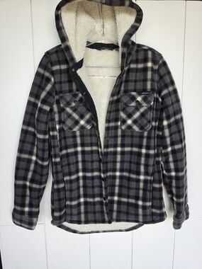 Eddie Bauer Plaid Sherpa-Lined Hooded Flannel Jacket - Black & Gray